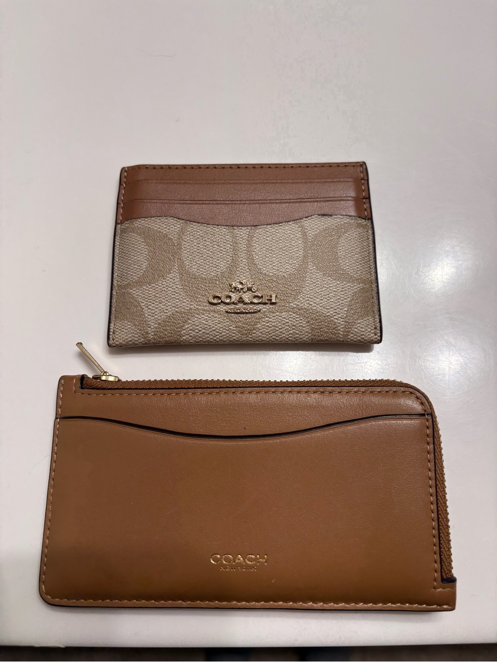 Coach Signature Canvas Card Case with Tan Leather Zip Wallet